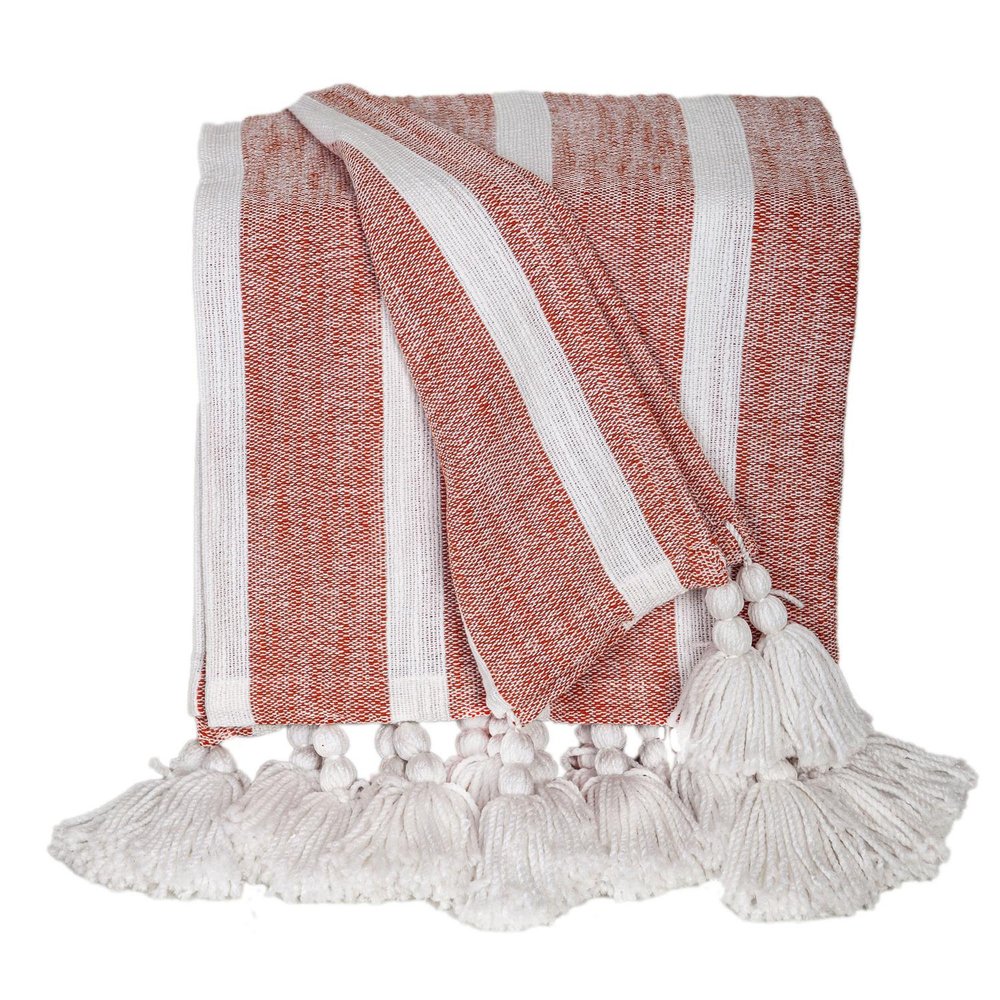 50" X 60" Rust Woven Cotton Striped Throw Blanket with Tassels HomeRoots