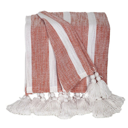 50" X 60" Rust Woven Cotton Striped Throw Blanket with Tassels HomeRoots
