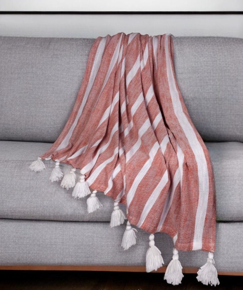 50" X 60" Rust Woven Cotton Striped Throw Blanket with Tassels HomeRoots
