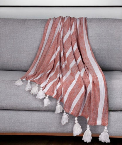 50" X 60" Rust Woven Cotton Striped Throw Blanket with Tassels HomeRoots