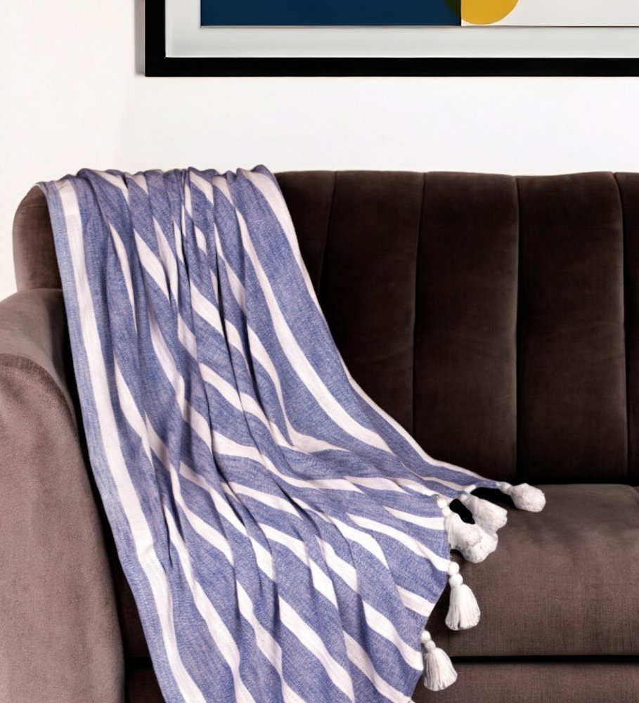 50" X 60" Blue and White Woven Cotton Striped Throw Blanket with Tassels HomeRoots