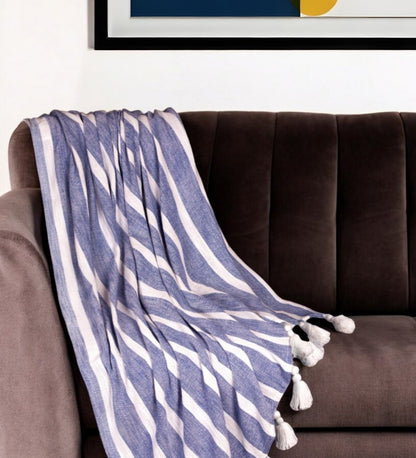 50" X 60" Blue and White Woven Cotton Striped Throw Blanket with Tassels HomeRoots