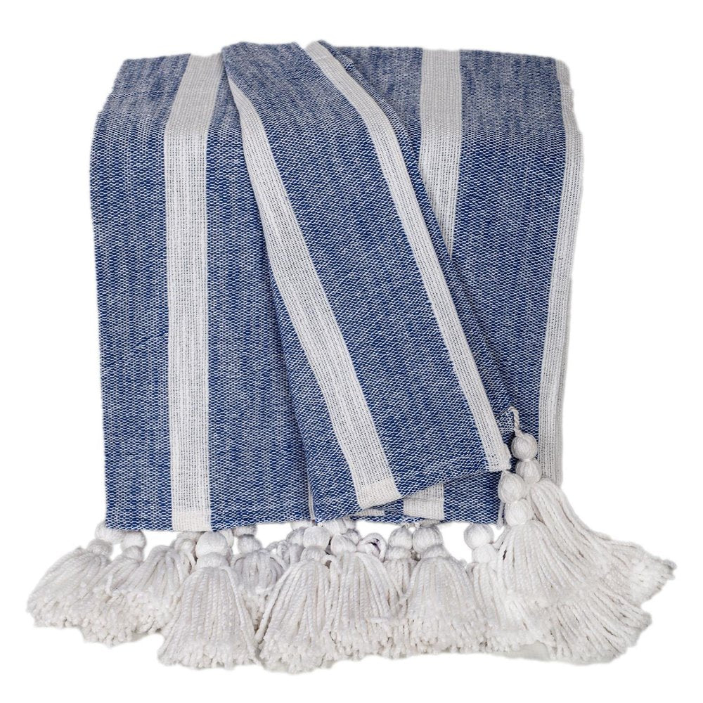 50" X 60" Blue and White Woven Cotton Striped Throw Blanket with Tassels HomeRoots