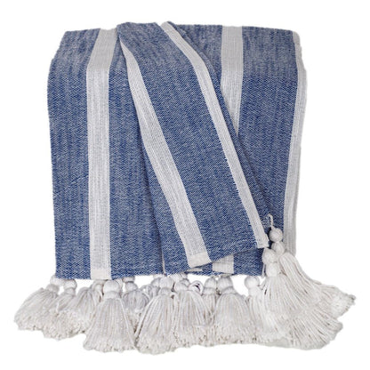 50" X 60" Blue and White Woven Cotton Striped Throw Blanket with Tassels HomeRoots