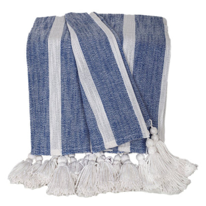 50" X 60" Blue and White Woven Cotton Striped Throw Blanket with Tassels HomeRoots