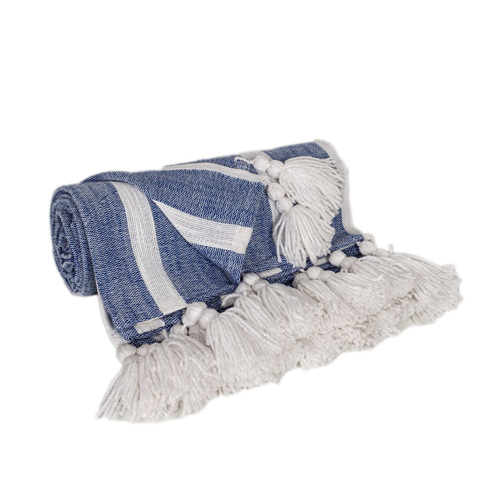 50" X 60" Blue and White Woven Cotton Striped Throw Blanket with Tassels HomeRoots