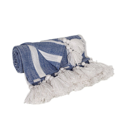 50" X 60" Blue and White Woven Cotton Striped Throw Blanket with Tassels HomeRoots