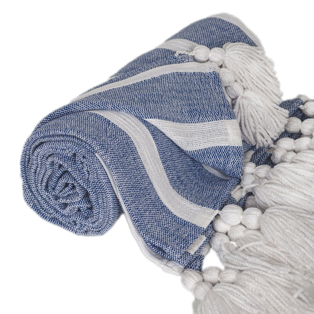 50" X 60" Blue and White Woven Cotton Striped Throw Blanket with Tassels HomeRoots