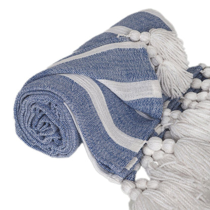 50" X 60" Blue and White Woven Cotton Striped Throw Blanket with Tassels HomeRoots