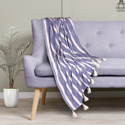 50" X 60" Blue and White Woven Cotton Striped Throw Blanket with Tassels HomeRoots