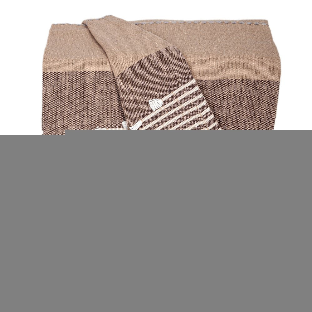 50" X 60" Brown and Beige Woven Cotton Striped Throw Blanket with Tassels and Embroidery HomeRoots