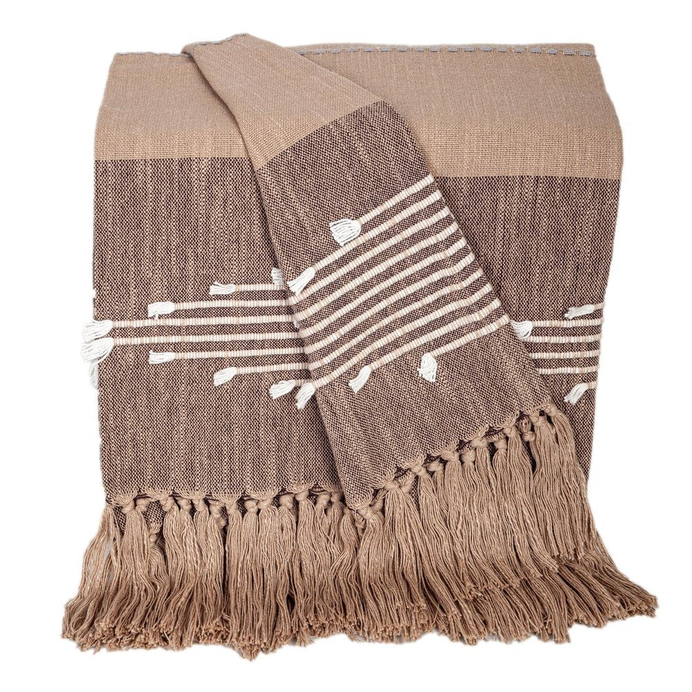 50" X 60" Brown and Beige Woven Cotton Striped Throw Blanket with Tassels and Embroidery HomeRoots