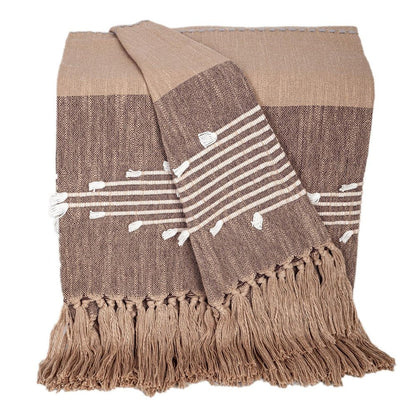 50" X 60" Brown and Beige Woven Cotton Striped Throw Blanket with Tassels and Embroidery HomeRoots