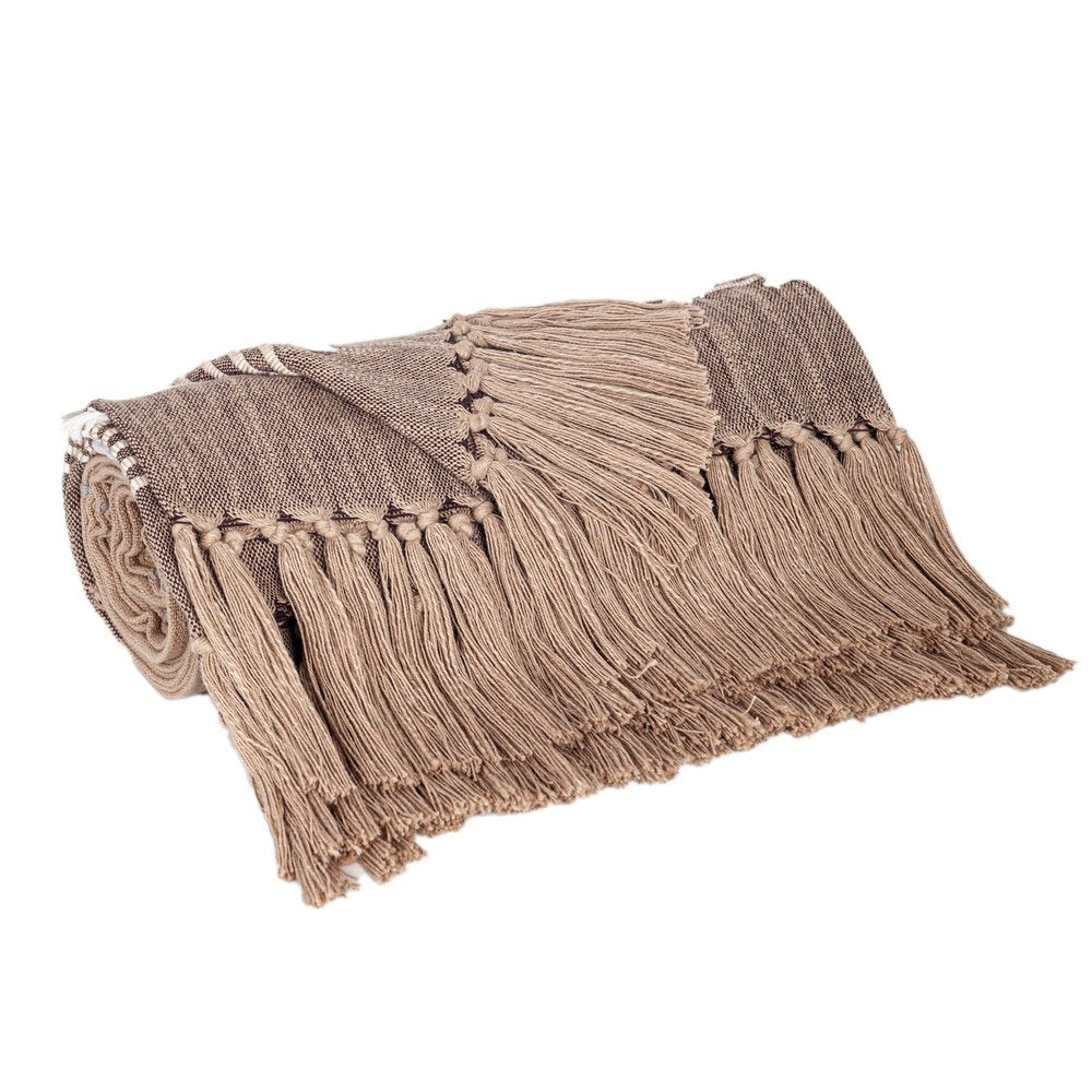 50" X 60" Brown and Beige Woven Cotton Striped Throw Blanket with Tassels and Embroidery HomeRoots