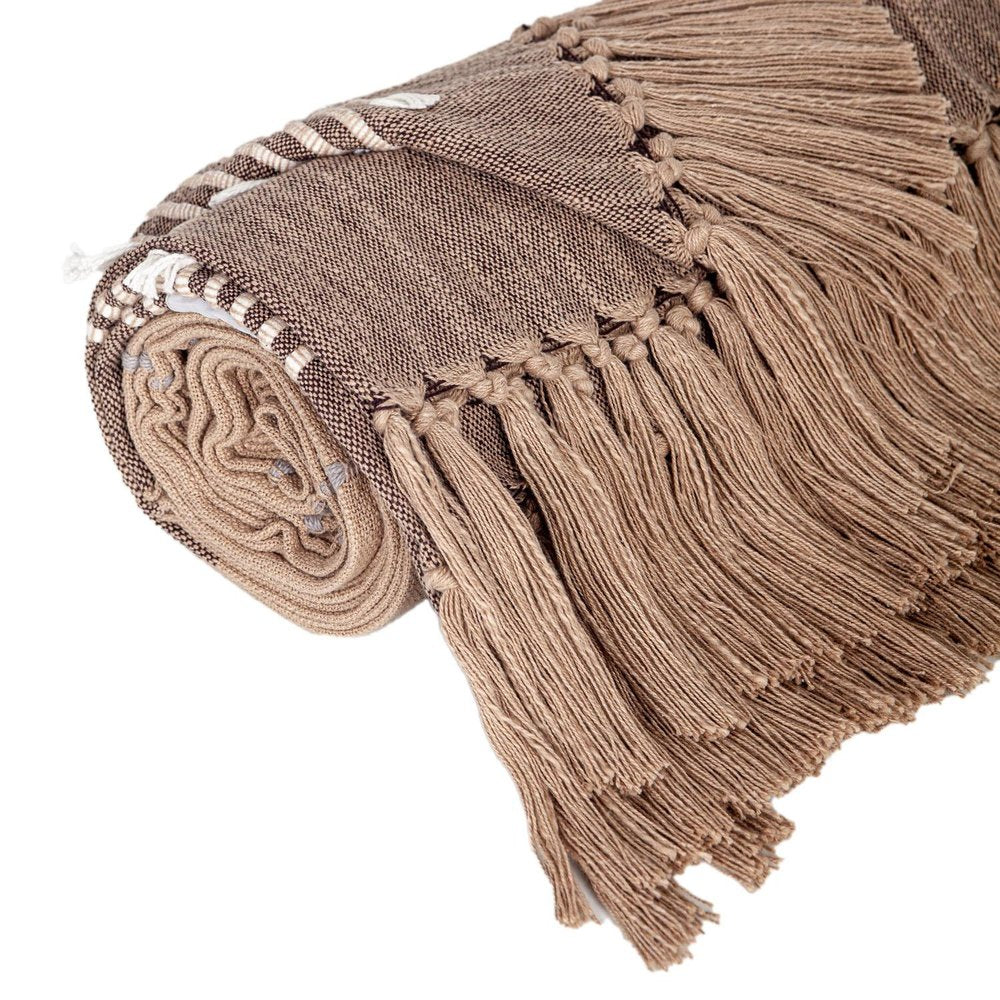 50" X 60" Brown and Beige Woven Cotton Striped Throw Blanket with Tassels and Embroidery HomeRoots