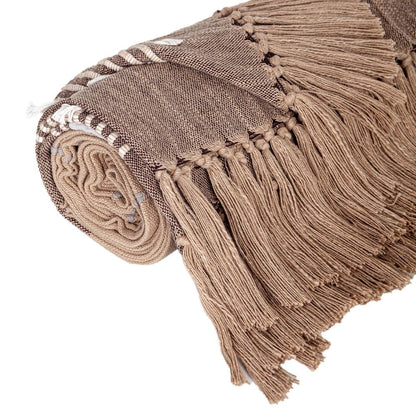 50" X 60" Brown and Beige Woven Cotton Striped Throw Blanket with Tassels and Embroidery HomeRoots