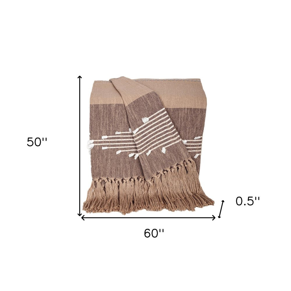 50" X 60" Brown and Beige Woven Cotton Striped Throw Blanket with Tassels and Embroidery HomeRoots