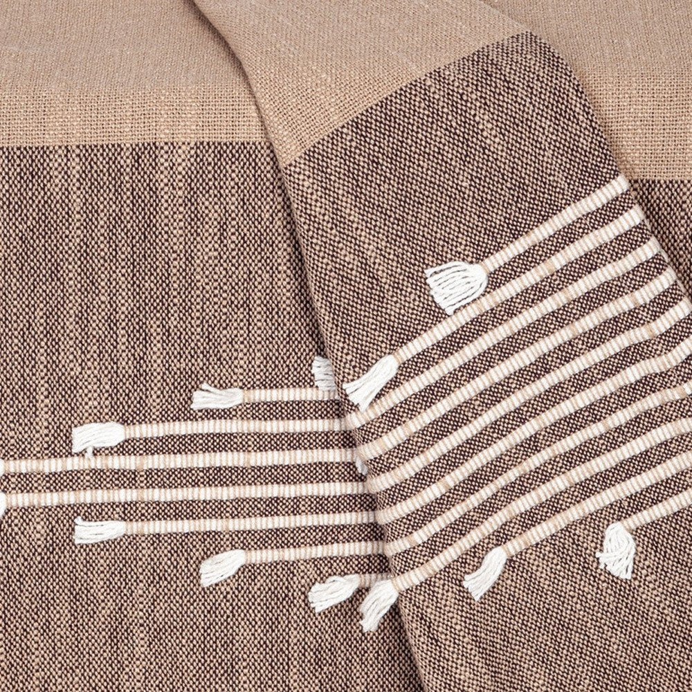 50" X 60" Brown and Beige Woven Cotton Striped Throw Blanket with Tassels and Embroidery HomeRoots