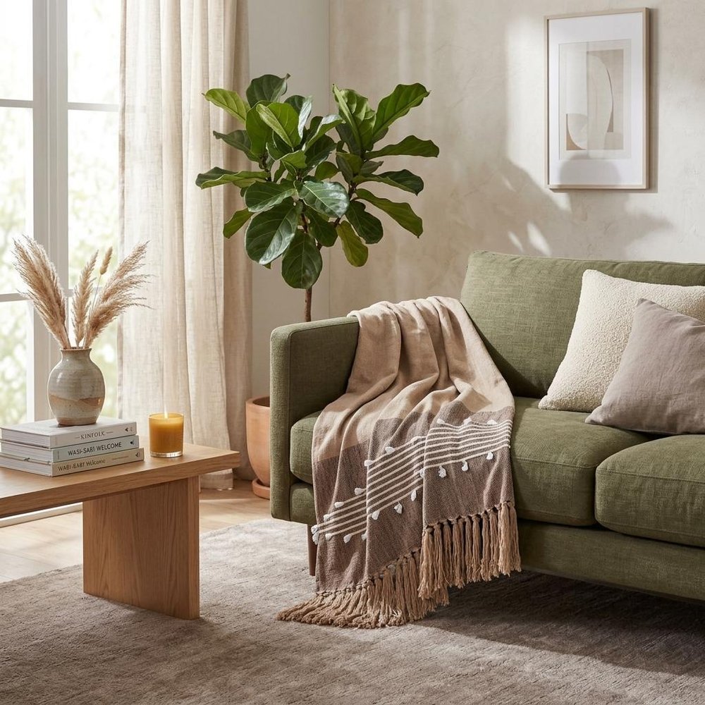 50" X 60" Brown and Beige Woven Cotton Striped Throw Blanket with Tassels and Embroidery HomeRoots