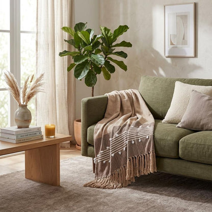 50" X 60" Brown and Beige Woven Cotton Striped Throw Blanket with Tassels and Embroidery HomeRoots
