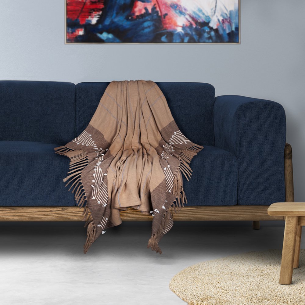 50" X 60" Brown and Beige Woven Cotton Striped Throw Blanket with Tassels and Embroidery HomeRoots