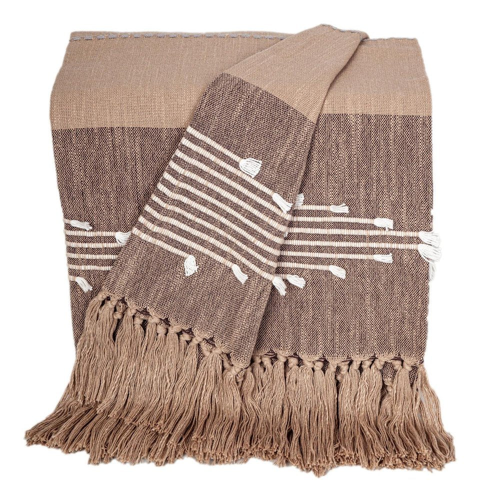 50" X 60" Brown and Beige Woven Cotton Striped Throw Blanket with Tassels and Embroidery HomeRoots