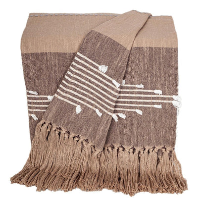 50" X 60" Brown and Beige Woven Cotton Striped Throw Blanket with Tassels and Embroidery HomeRoots