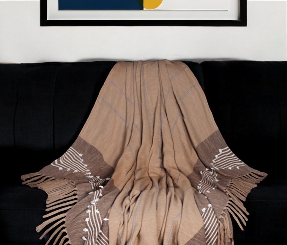 50" X 60" Brown and Beige Woven Cotton Striped Throw Blanket with Tassels and Embroidery HomeRoots