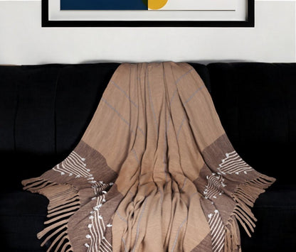 50" X 60" Brown and Beige Woven Cotton Striped Throw Blanket with Tassels and Embroidery HomeRoots