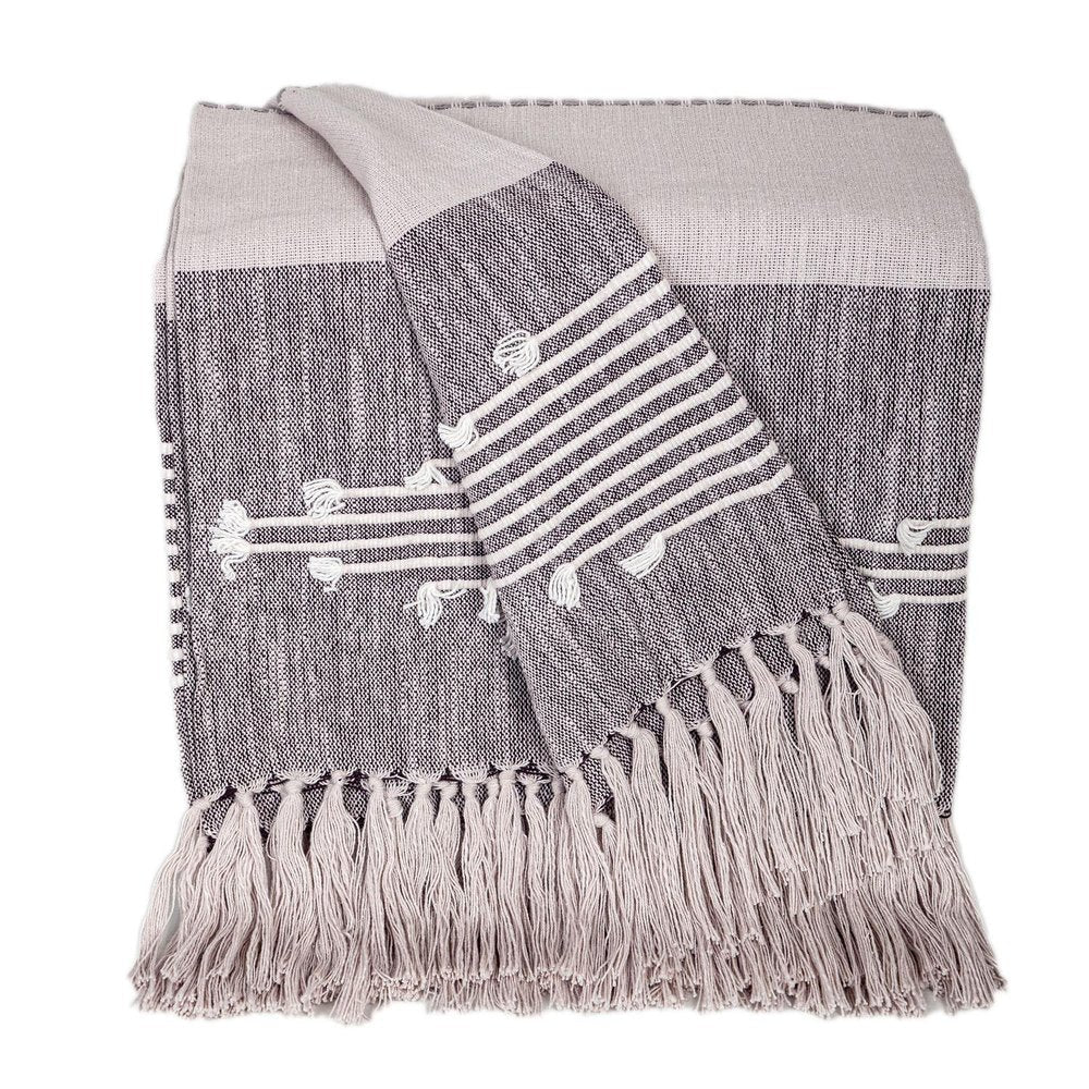 50" X 60" Gray Woven Cotton Striped Throw Blanket with Tassels and Embroidery HomeRoots