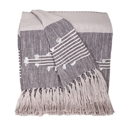 50" X 60" Gray Woven Cotton Striped Throw Blanket with Tassels and Embroidery HomeRoots