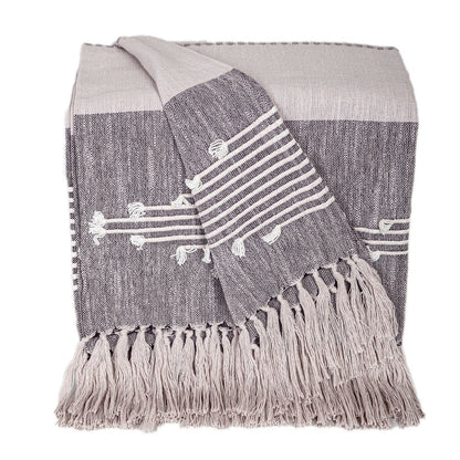 50" X 60" Gray Woven Cotton Striped Throw Blanket with Tassels and Embroidery HomeRoots