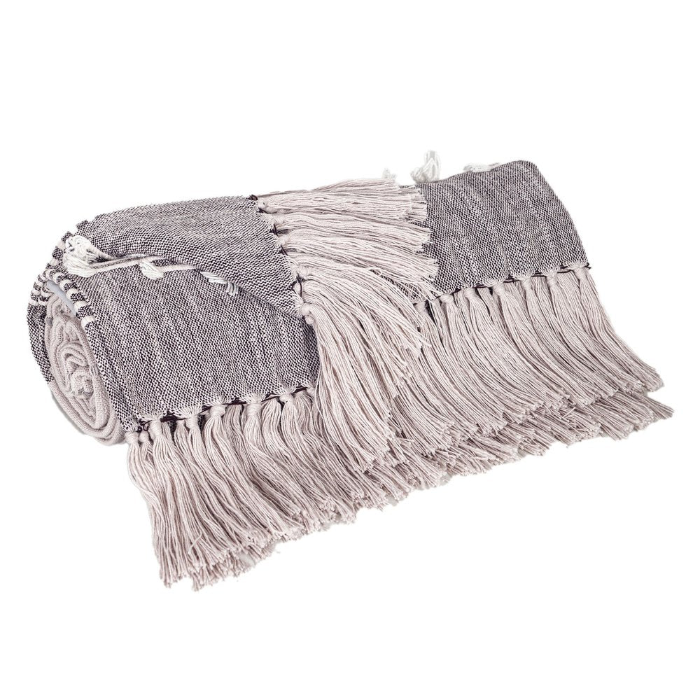 50" X 60" Gray Woven Cotton Striped Throw Blanket with Tassels and Embroidery HomeRoots