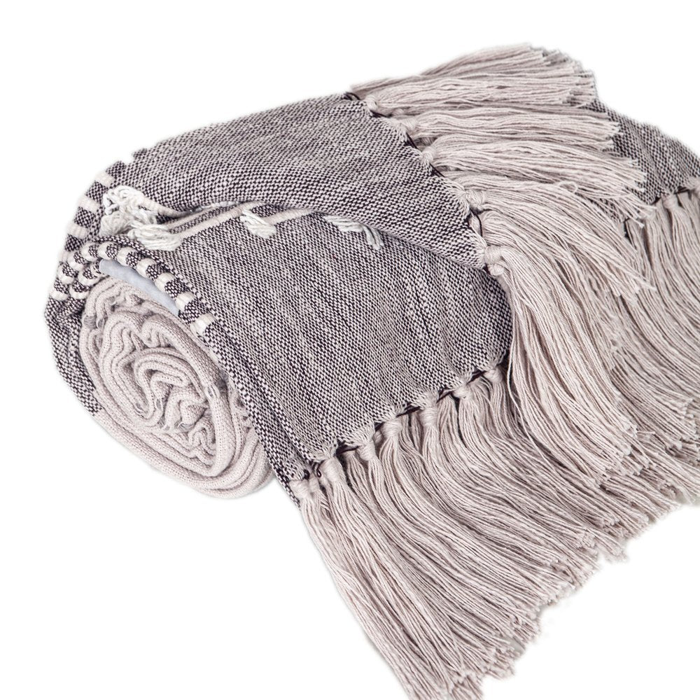 50" X 60" Gray Woven Cotton Striped Throw Blanket with Tassels and Embroidery HomeRoots