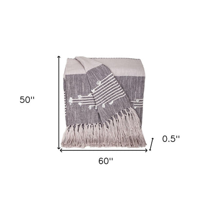 50" X 60" Gray Woven Cotton Striped Throw Blanket with Tassels and Embroidery HomeRoots