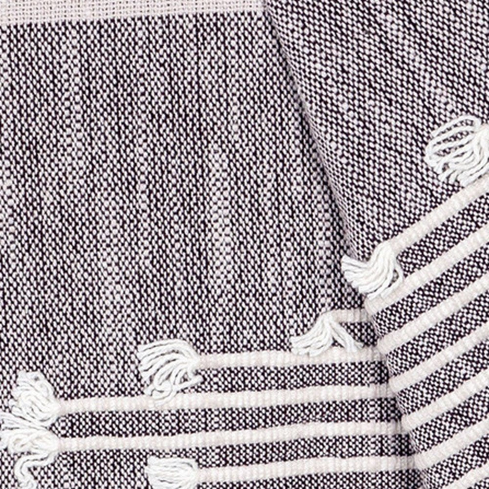 50" X 60" Gray Woven Cotton Striped Throw Blanket with Tassels and Embroidery HomeRoots