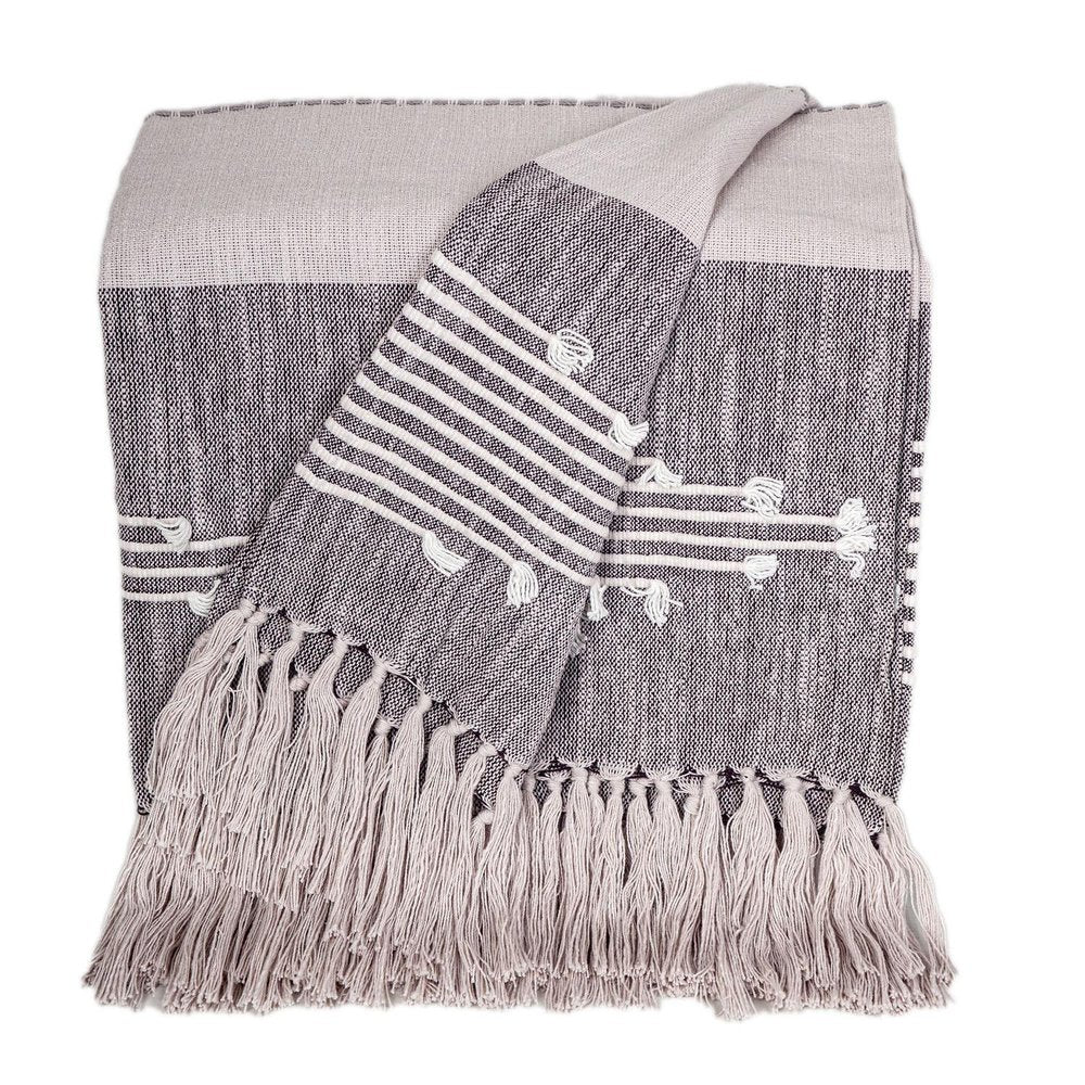50" X 60" Gray Woven Cotton Striped Throw Blanket with Tassels and Embroidery HomeRoots