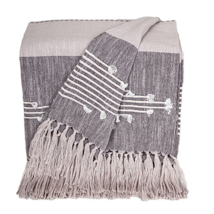 50" X 60" Gray Woven Cotton Striped Throw Blanket with Tassels and Embroidery HomeRoots