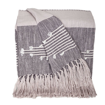50" X 60" Gray Woven Cotton Striped Throw Blanket with Tassels and Embroidery HomeRoots