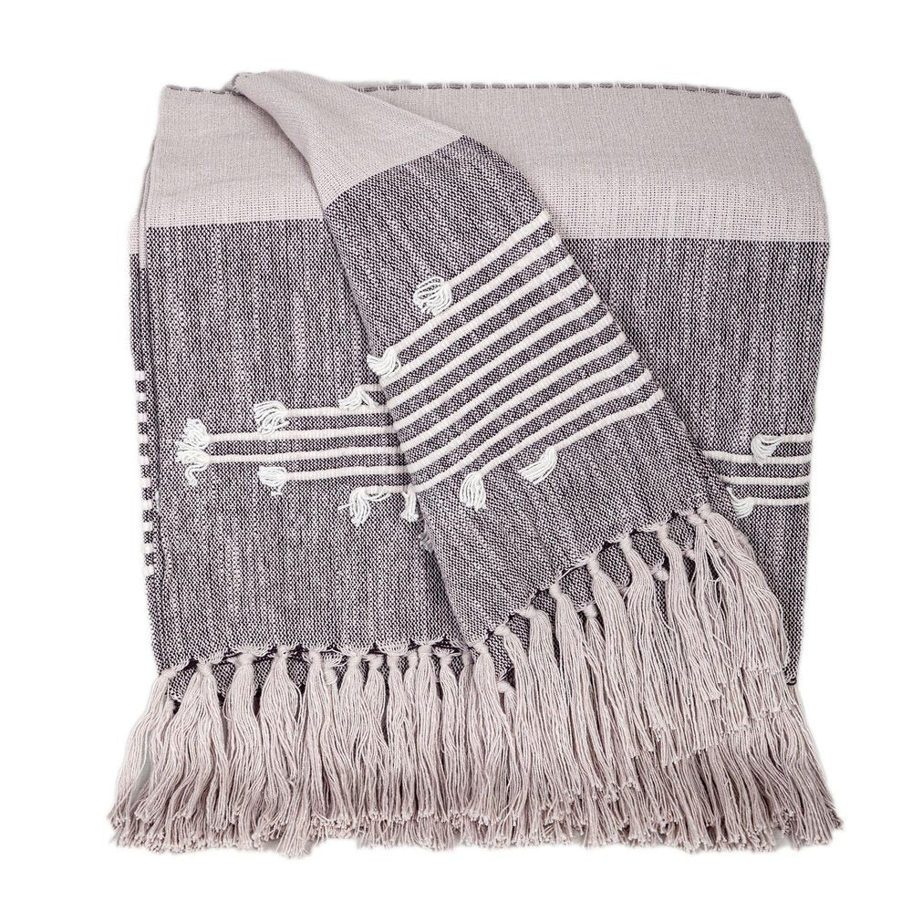 50" X 60" Gray Woven Cotton Striped Throw Blanket with Tassels and Embroidery HomeRoots