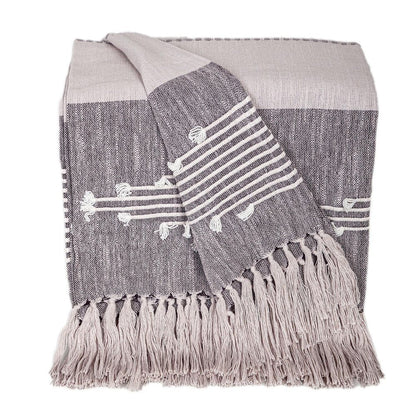 50" X 60" Gray Woven Cotton Striped Throw Blanket with Tassels and Embroidery HomeRoots