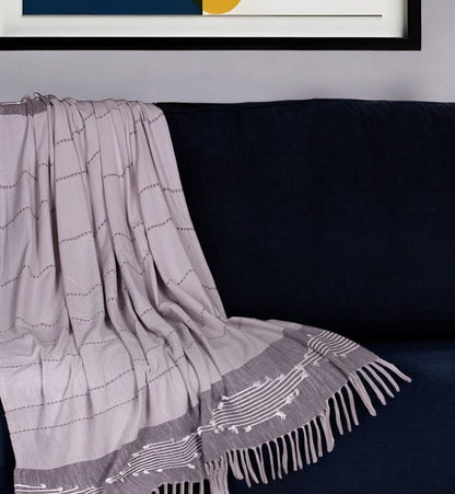 50" X 60" Gray Woven Cotton Striped Throw Blanket with Tassels and Embroidery HomeRoots