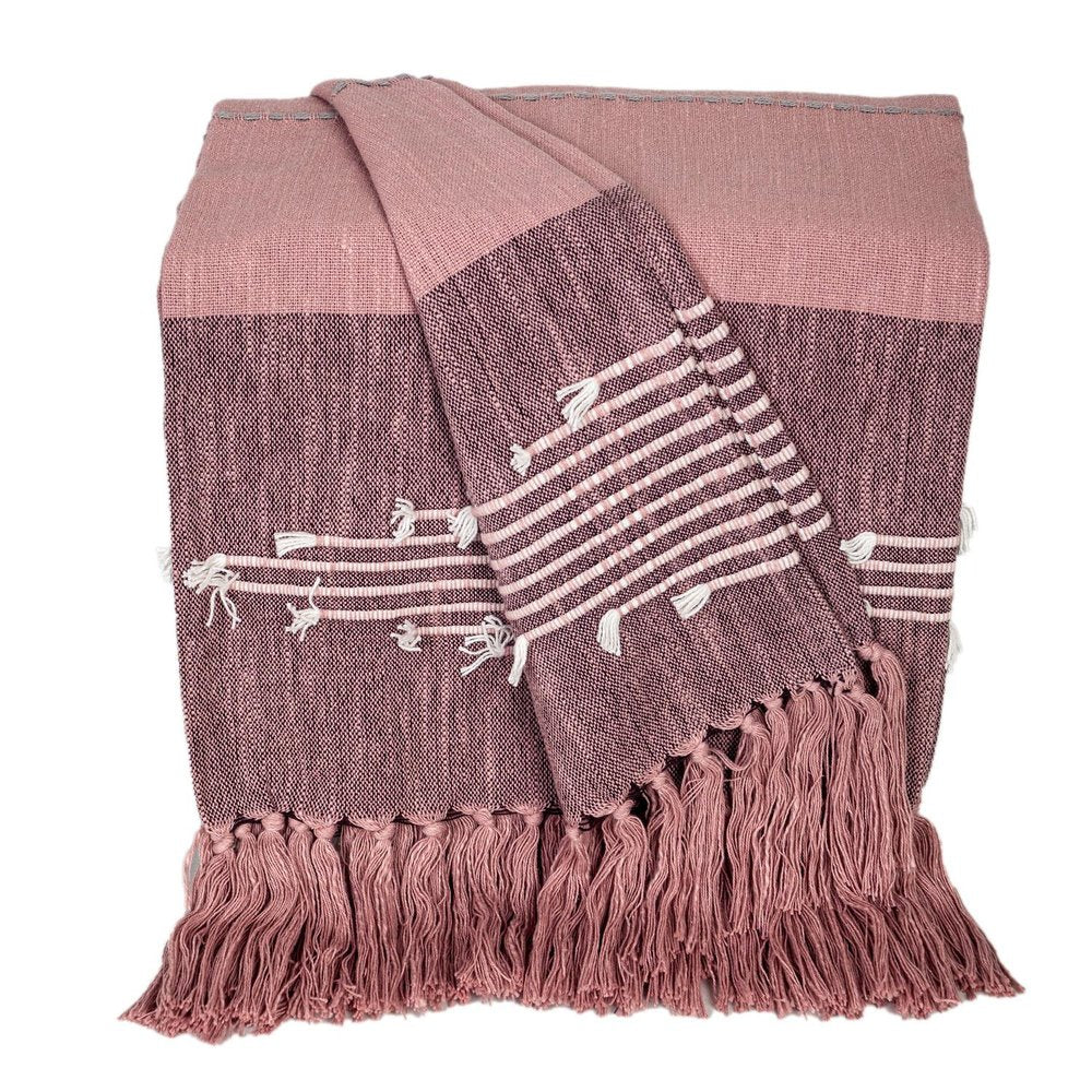 50" X 60" Pink Woven Cotton Striped Throw Blanket with Tassels and Embroidery HomeRoots