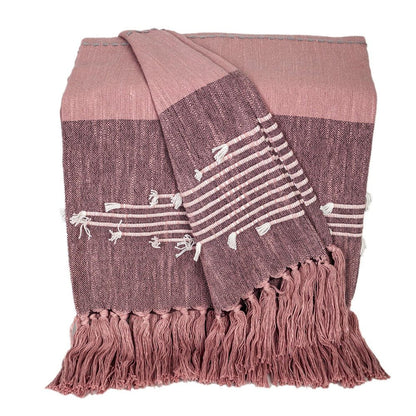 50" X 60" Pink Woven Cotton Striped Throw Blanket with Tassels and Embroidery HomeRoots