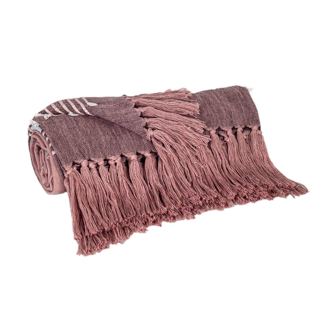 50" X 60" Pink Woven Cotton Striped Throw Blanket with Tassels and Embroidery HomeRoots