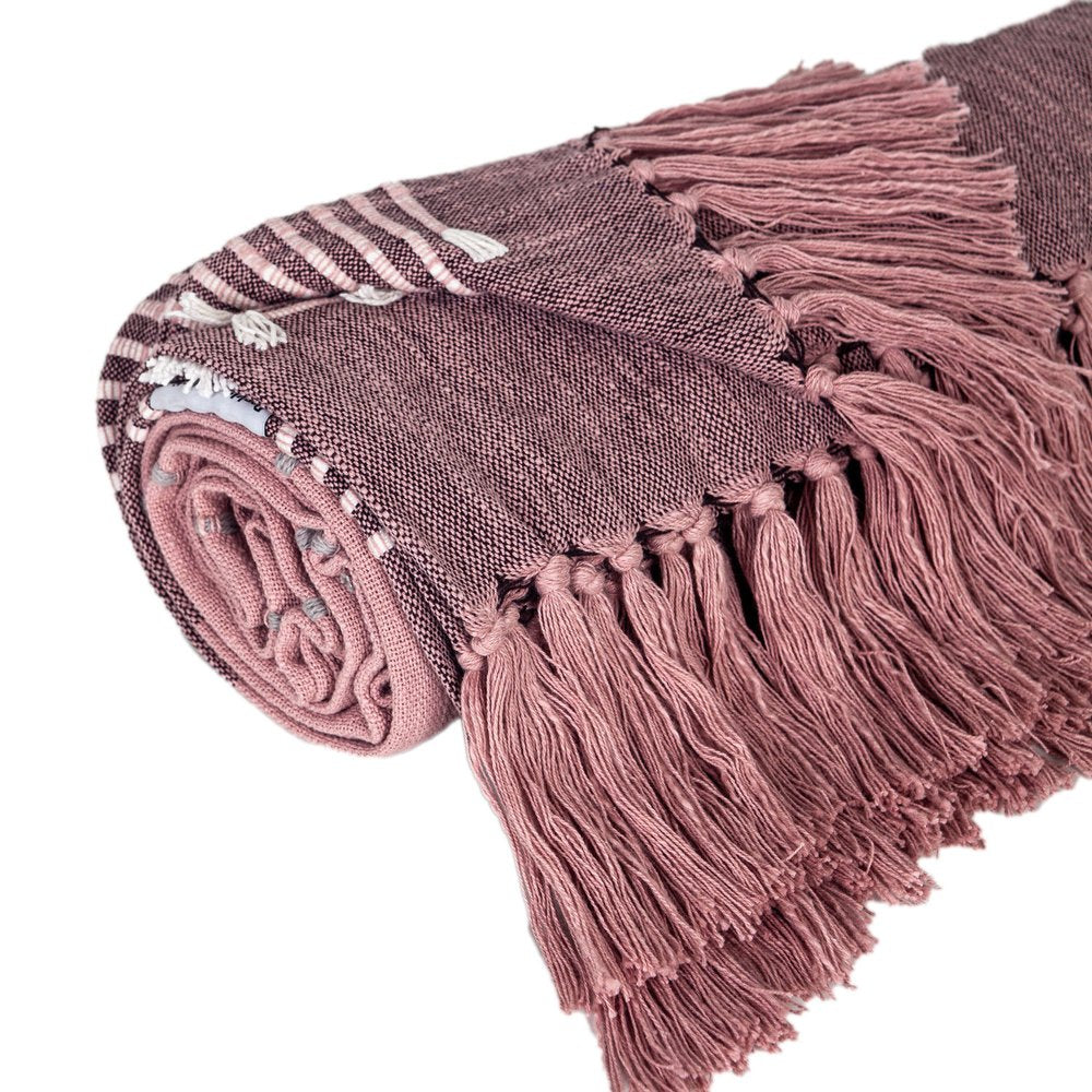 50" X 60" Pink Woven Cotton Striped Throw Blanket with Tassels and Embroidery HomeRoots