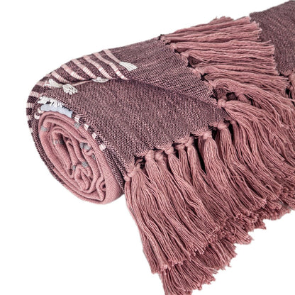 50" X 60" Pink Woven Cotton Striped Throw Blanket with Tassels and Embroidery HomeRoots