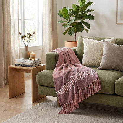 50" X 60" Pink Woven Cotton Striped Throw Blanket with Tassels and Embroidery HomeRoots