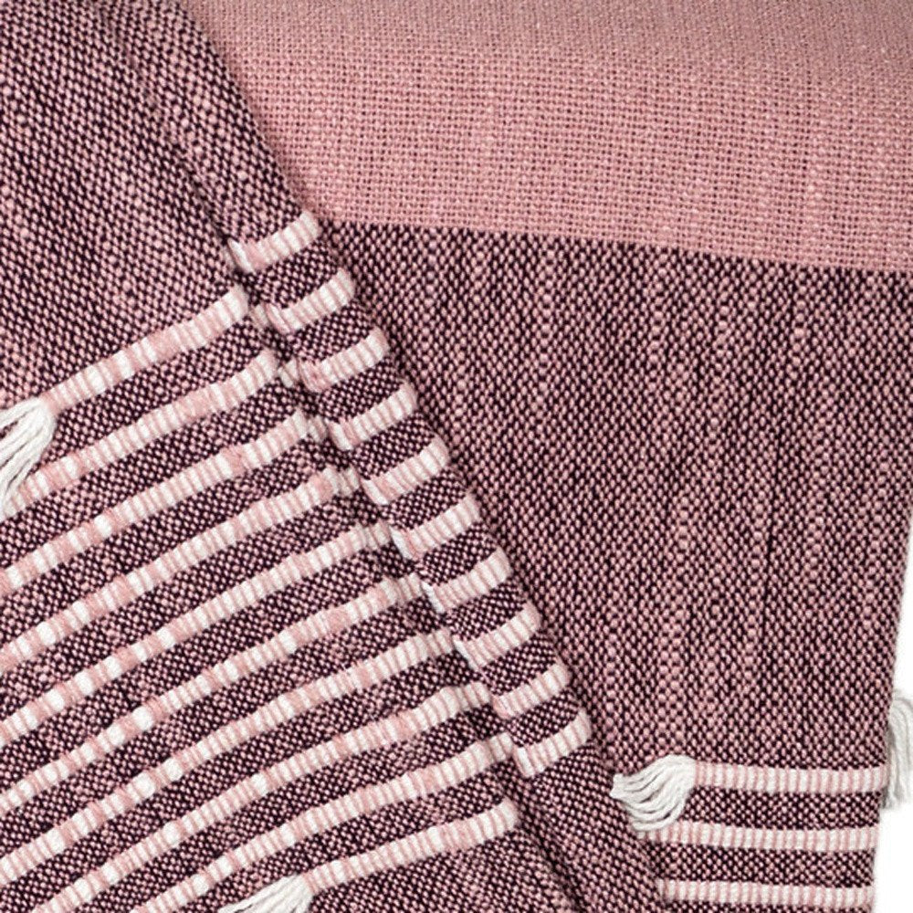 50" X 60" Pink Woven Cotton Striped Throw Blanket with Tassels and Embroidery HomeRoots
