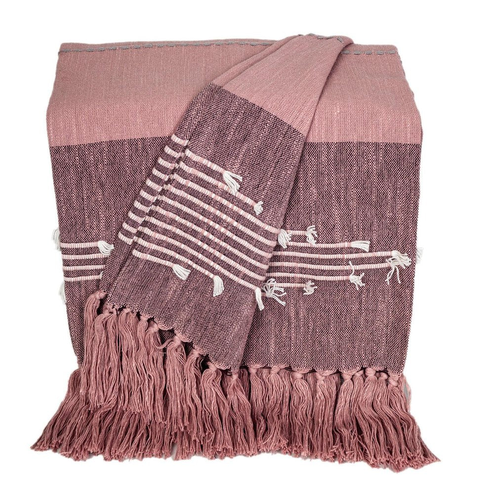 50" X 60" Pink Woven Cotton Striped Throw Blanket with Tassels and Embroidery HomeRoots